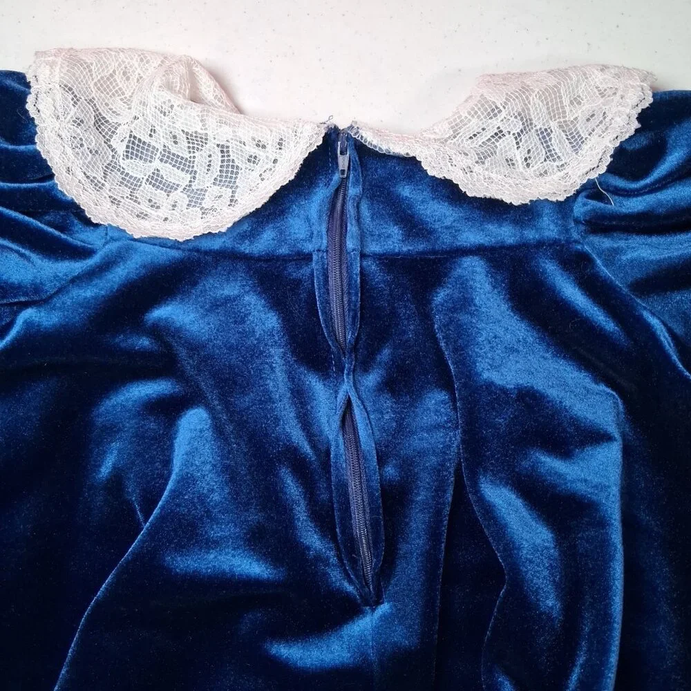 Vintage The Little Trotter Dress Size 4 Royal Blue Velour Lace Collar Party - Picture 16 of 16